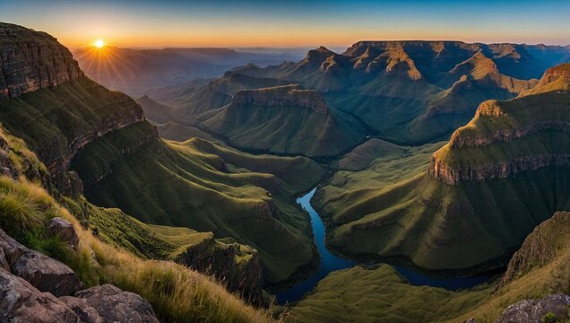 Drakensberg Mountains sunset panorama, Blyde River Canyon, Three Rondavels, blue lake, South Africa