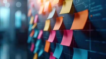 Structured project management board with colorful sticky notes, vibrant and dynamic, efficient organization, copy space.