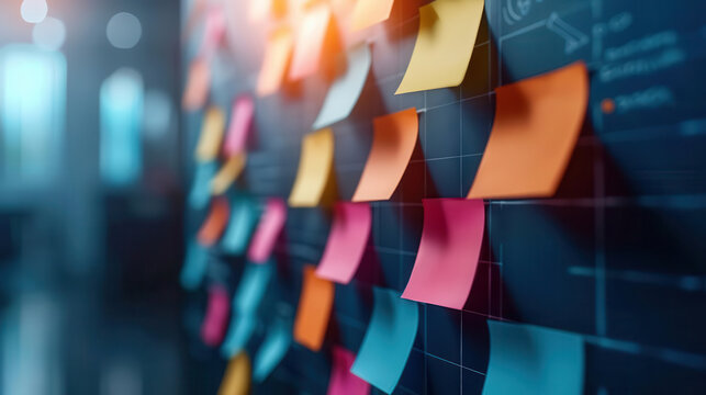 Structured project management board with colorful sticky notes, vibrant and dynamic, efficient organization, copy space.