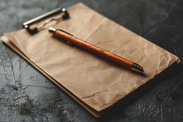 Vintage Wooden Pen on Brown Paper Clipboard for Office or School Use