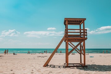 A wooden lifeguard tower stands tall on a sandy beach, overlooking the calm ocean under a clear blue sky. People relax on the beach and swim in the water on a beautiful summer day.
