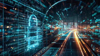Fototapeta premium Fortress of data privacy in a digital landscape, secure against virtual intruders