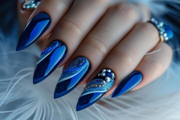 Woman with long sharp blue nails with rhinestones and white swirls nail art design