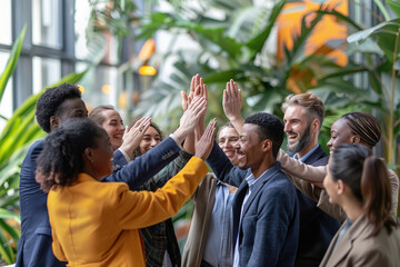 Group of diverse young professionals giving high fives in a modern office