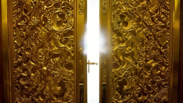 Going trough golden gate doors with bright heaven light shining. Open magic door with shining light. Gates to heaven with bright white clouds at the end concept 4k