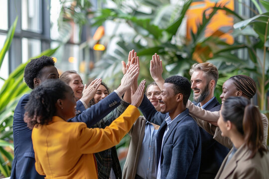 Group of diverse young professionals giving high fives in a modern office