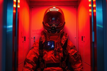 A maintenance technician wearing a red jumpsuit and a helmet sits in an elevator illuminated by red lights.