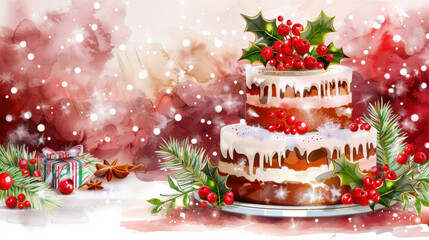 Festive two-tiered cake adorned with red berries and holly, surrounded by pine branches and decorative gifts in a wintery atmosphere