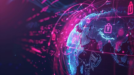 Obraz premium Neon locks and keys swirling around a digital globe, symbolizing global data protection