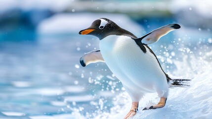 Fototapeta premium Playful penguin sliding on ice, , isolated for cool, joyful nursery or playroom decor