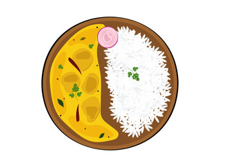Indian Kadhi Chawal Illustration, Indian Cuisine, Indian Food, Indian meal, curd rice, kadhi rice, indian thali, kadhi chawal illustration, yummy delicious indian lunch, dinner