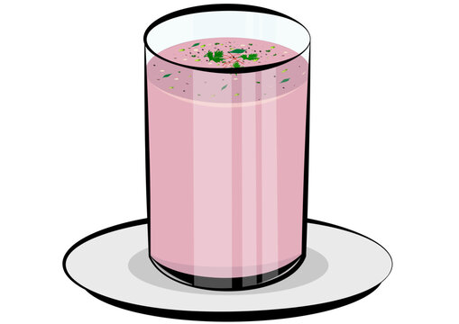 Sol Kadhi, kokum sol kadhi, sol kadhi garnished with curry leaves, coriander leaves, cumin seeds, mustard seeds, green chilli, garlic slice, black pepper powder, indian drink sol kadhi illustration