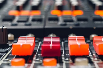 Closeup shot of a professional audio mixer with colorful faders in a studio setting