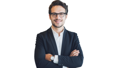 Happy businessman standing with crossed arms, professional manager, confident businessman investor on transparent background.