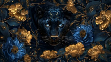 Elegant digital artwork featuring a black panther in a lush floral jungle. Rich blue and golden hues create a mystical atmosphere. Perfect for artistic and decorative purposes. AI