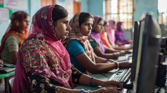 Indian Women in Traditional Attire Using Computers in Community Learning Center