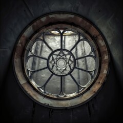 Obraz premium A vintage window displays elaborate metalwork in a dark setting, highlighting artisan skill