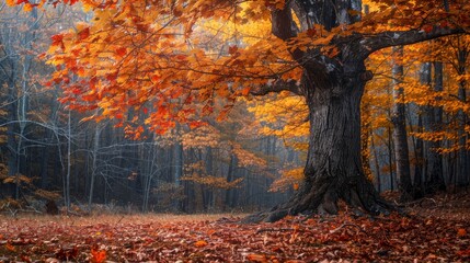 Fototapeta premium Vibrant Fall Tree in a Foggy Forest