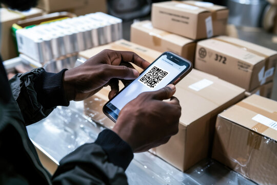 Person scanning QR code on smartphone with packages on a table in the background. Inventory management, shipping logistics, e-commerce, retail operations, warehouse automation concepts.