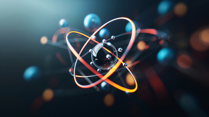 Stylized 3D representation of an atom with nucleus and electron orbits in a modern, dynamic design.