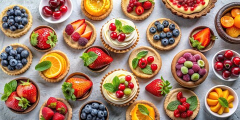 A flat lay photo featuring a colorful array of fruity desserts , fruit, dessert, flat lay, food photography, sweets, vibrant