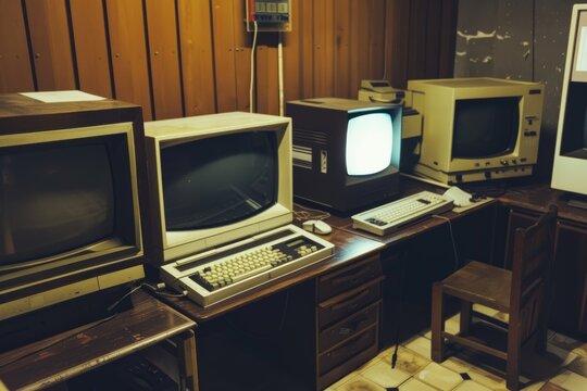 A vintage computer setup featuring CRT monitors and keyboards in a retrothemed room