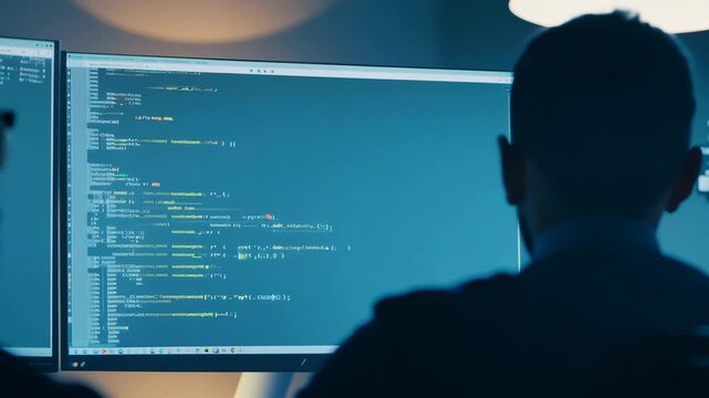 Programmer coding on computer screen in dark room