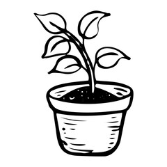 Sapling in pot doodle. Green gardening. Farm growing vegetable plants. Hand drawn vector line art illustration.