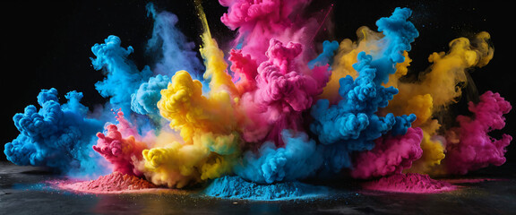 Creative Marketing Campaign, Explosion of Vibrant Colored Powder in Dark Background, Abstract, Colorful, Explosion, Powder, Vibrant, Art, Creative, Dynamic, Energy, Festival, Paint, Contrast