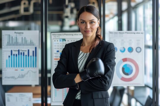 A confident businesswoman wearing a black suit stands with a boxing glove, ready to take on any challenge in her office. - Powered by Adobe