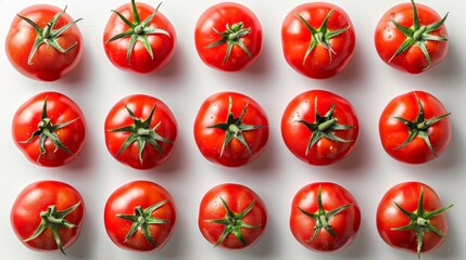 tomato arranged in rows and top view on white background