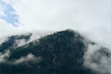 Morning fog of the mountains above Skjolden, western Norway.