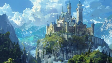 Majestic  castle on a hill, for fairy tale inspired nursery or playroom walls