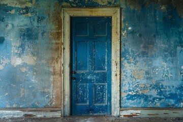 Old blue door standing in abandoned house interior with peeling paint on the walls