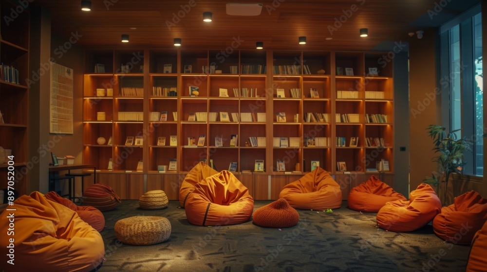 Leinwandbilder A warm and inviting library space with a large bookshelf filled with books and multiple orange bean bags scattered throughout the room, perfect for relaxing and reading.