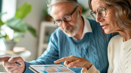 Senior couple analyzing financial data on a digital tablet at home, focusing on retirement planning and investments. Finance, senior living, financial independence, technology adoption