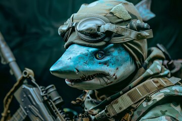 Fototapeta premium Military soldier wearing shark helmet and goggles is holding an assault rifle