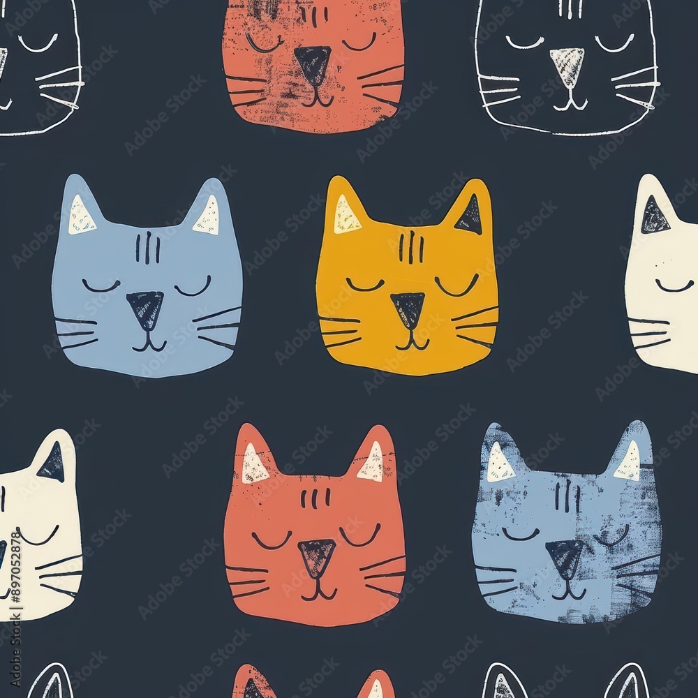 Poster seamless pattern of colorful cat faces on dark background