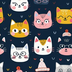 Colorful Cartoon Cat Faces on Dark Blue Background