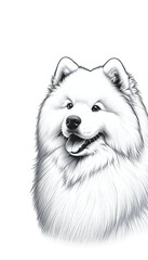 ロシアのサモエドのモノトーン画像。フサフサした白い被毛と友好的な性格が特徴。