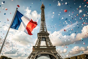 July 14 is the National Day of France. The national flag of France on the background of the Eiffel Tower. Tricolor. The concept of the Olympic Games in France 2024