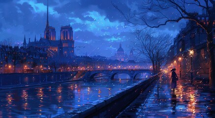 Fototapeta premium Evening Walk by the River in Paris with Blue City Lights