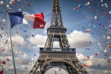 July 14 is the National Day of France. The national flag of France on the background of the Eiffel Tower. Tricolor. The concept of the Olympic Games in France 2024