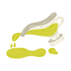 Spilled olive oil in an oil can. Splashes and drops of olive oil.