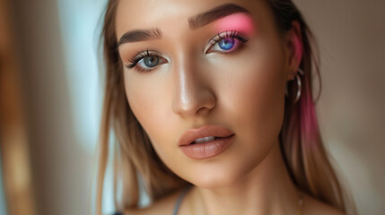 Close-Up of Woman's Face with Pink and Blue Light Reflections