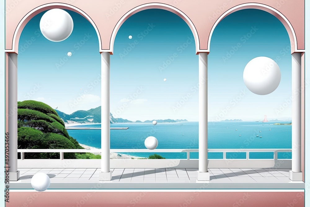 Poster Surreal Coastal View Through Arched Windows with Floating Spheres