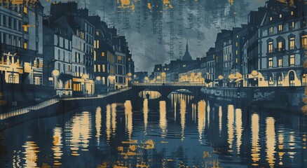 Night Urban Cityscape with Reflections in Blue and Yellow Hues