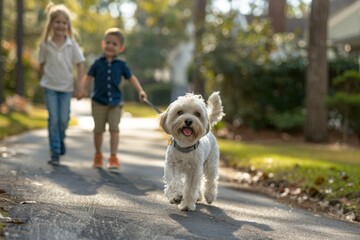 Children walk dog on sunny day in suburb