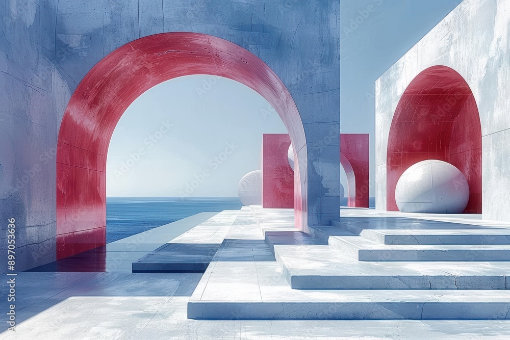 Aufkleber abstract architectural structures with red and blue color scheme