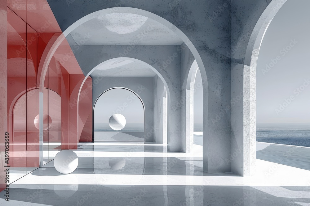 Poster modern architectural space with abstract elements and ocean view